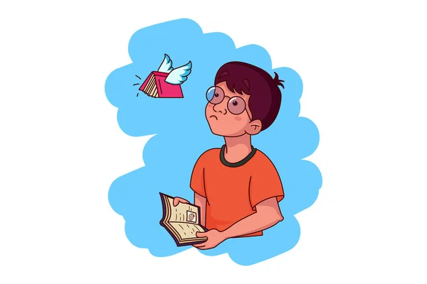 Векторная Карикатура Мальчика Размышляющего Книгах Держащего Книгу Руке Изолированный Белом — стоковый вектор