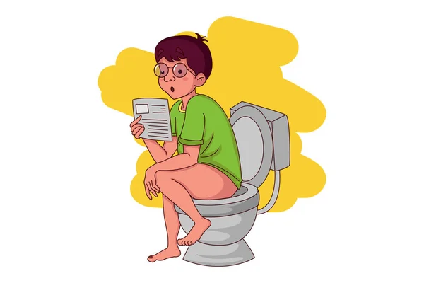 一个男孩坐在卫生纸上看书的矢量卡通画 因白人背景而被隔离 — 图库矢量图片
