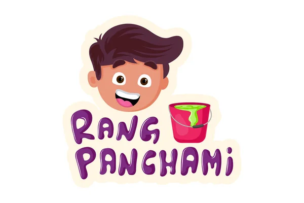 Vector Cartoon Illustration Boy Bucket Lettering Text Rang Panchami Isolated — Stock Vector