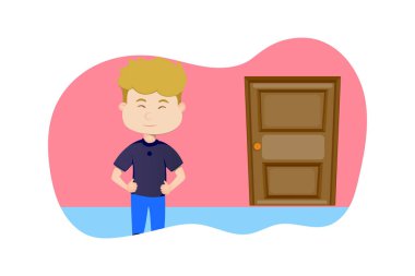 Vektör karikatür çizimi. Oğlan evde ve kapı kilitli. Beyaz arkaplanda izole.
