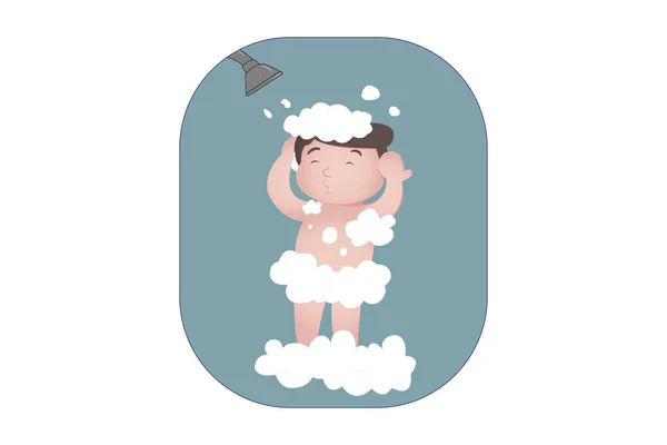 Vektor Cartoon Illustration Des Jungen Beim Duschen Isoliert Auf Weißem — Stockvektor