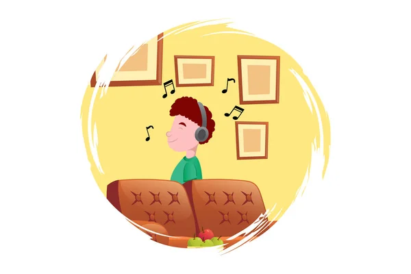 Dibujos Animados Vectoriales Ilustración Niño Escuchando Música Aislado Sobre Fondo — Vector de stock