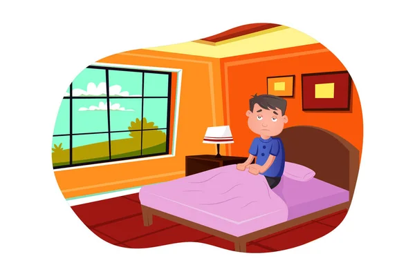 Vector Cartoon Illustration Boy Wake Morning Giving Weird Expression Isolated — Stock Vector