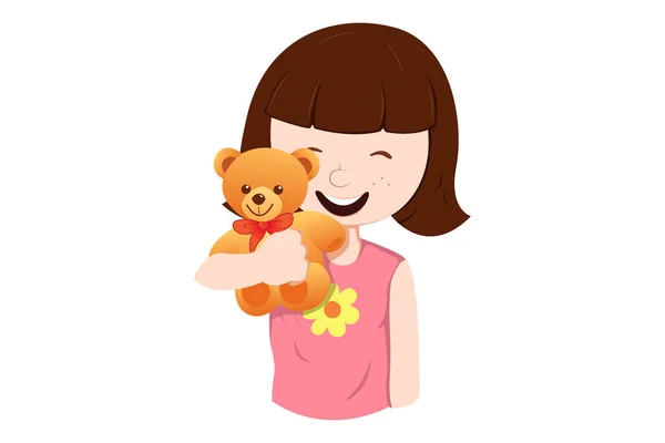 一个女孩牵着一只泰迪熊的矢量卡通画 因白人背景而被隔离 — 图库矢量图片