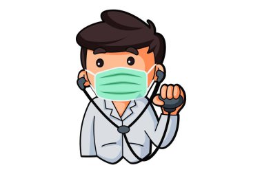 Vektör karikatür çizimi. Doktor cerrahi maske ve steteskop takıyor. Beyaz arkaplanda izole.