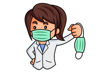 Vektör karikatür çizimi. Doktor ameliyat maskesi takıyor ve elinde başka bir maske tutuyor. Beyaz arkaplanda izole.