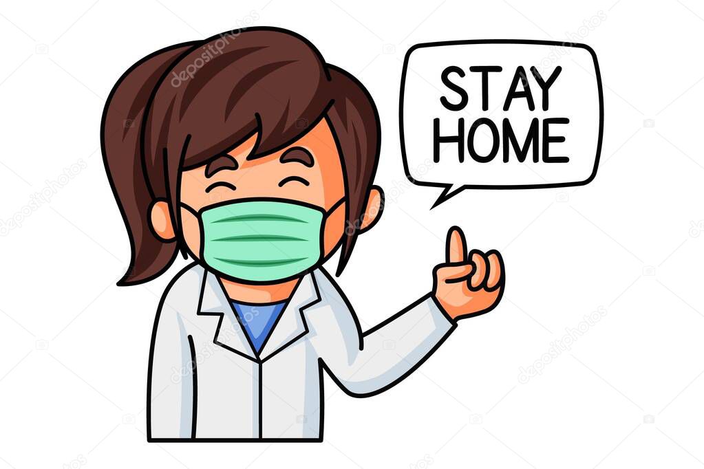 Vector cartoon illustration. Doctor is wearing surgical mask and saying stay home. Isolated on white background.