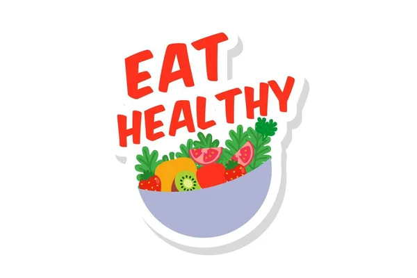 Vector Cartoon Illustration Fruit Bowl Eat Healthy Text Sticker Design — Stock Vector