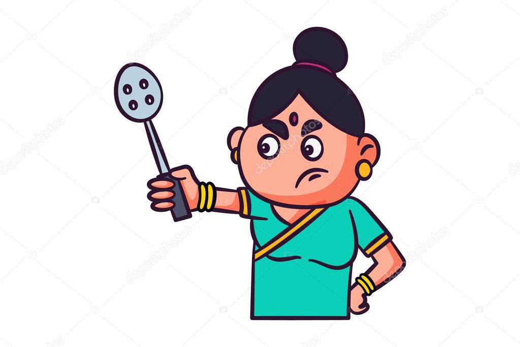 Vector cartoon illustration of woman holding slotted spoon in hand. Isolated on white background.