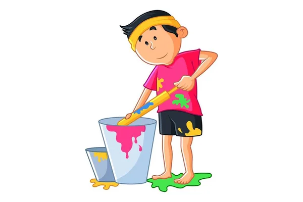 Vector Cartoon Illustration Boy Filling Pichkari Color Bucket Isolated White — Stock Vector