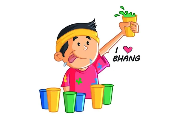 Vector Cartoon Illustration Boy Holding Glass Hand Love Bhang Hindi — Stock Vector