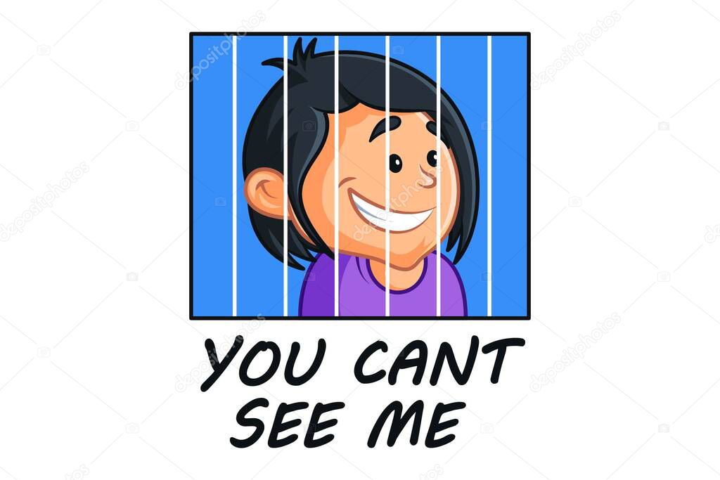 Vector cartoon illustration of boy. Lettering text you cant see me. Isolated on white background.