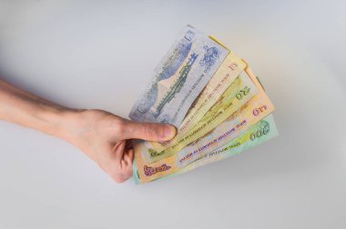 Bhutan Ngultrum banknot bir sürü tutan kadın 