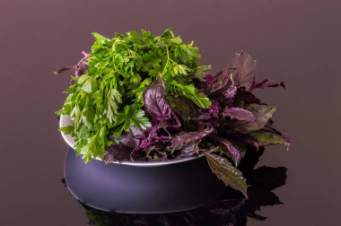 Taze maydanoz ve bir siyah yansıtıcı tabloda mor fesleğen