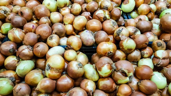 Sekelompok bawang organik kering di pasar — Stok Foto