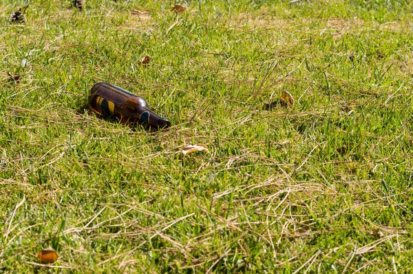 Botella de vidrio lanzada sobre la hierba verde al aire libre — Foto de Stock