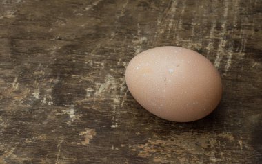 Eski bir ahşap arka plan üzerinde bir taze tavuk yumurta