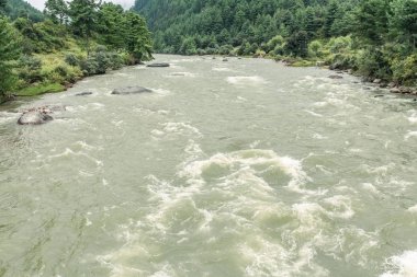 Paro nehir demir Tamchog Lhakhang Manastırı, nehir: Paro, Bhutan, köprü Asya'dan görünümünü