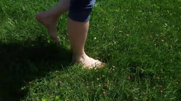 Vue latérale des jambes de femme en collants bleus marchant lentement pieds nus sur de l'herbe verte dans un parc — Video