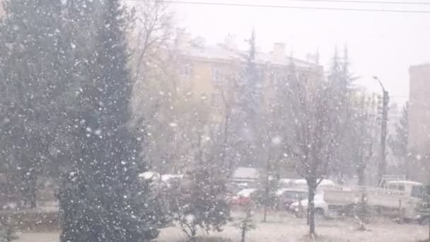 Вид на сильні снігопади вдень через вікно — стокове відео