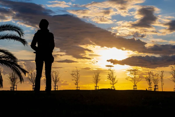 Sylwetka Szczupłej Kobiety Oglądającej Zachód Słońca Parku Piękne Dramatyczne Niebo — Zdjęcie stockowe