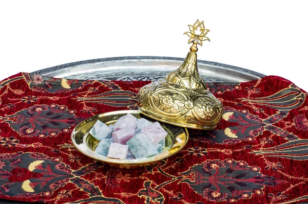 Traditionelle Farbenfrohe Türkische Köstlichkeiten Serviert Handgefertigtem Kupferteller Und Tablett Souvenirs — Stockfoto