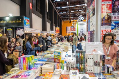 Eskisehir, Turkey - December 14, 2019: People visiting the 2nd Eskisehir Book Fair held in Tuyap Fair Convention and Congress Center.