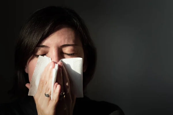 Portrait Sick Brunette Woman Having Flu High Fever Sneezing Tissue — Stock Photo, Image
