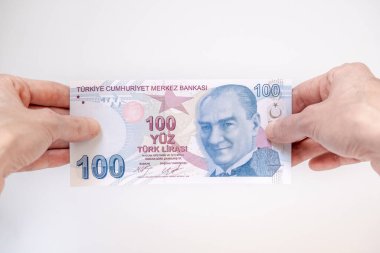 Female hand holding a 100 Turkish Lira (TRY) banknote isolated on white background. clipart