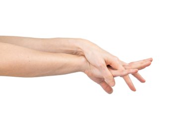 Beyaz arka planda elini yıkayan beyaz bir kadın. El yıkama gösterisi. Hijyen ve önleme koronavirüsü kavramı.