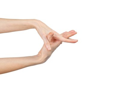 Beyaz arka planda elini yıkayan beyaz bir kadın. El yıkama gösterisi. Hijyen ve önleme koronavirüsü kavramı.