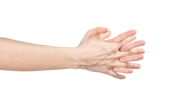Biała Kobieta Myje Ręce Białym Tle Pokaz Mycia Rąk Pojęcie — Zdjęcie stockowe