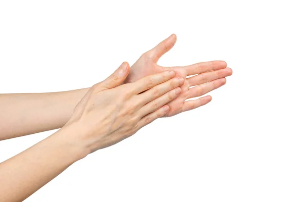 Blanke Vrouw Die Haar Handen Waste Geïsoleerd Een Witte Achtergrond — Stockfoto