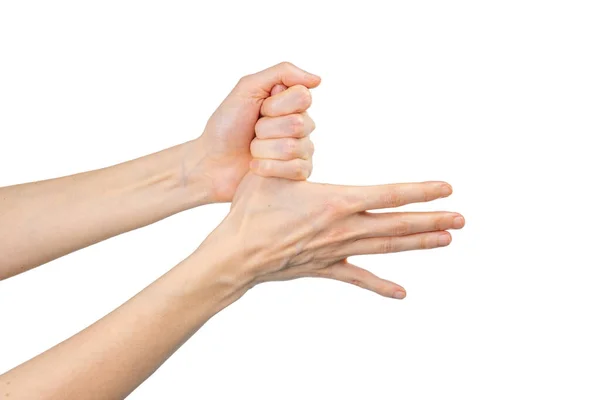 Caucasian Woman Washing Her Hands Isolated White Background Demonstration Hand — Stock Photo, Image