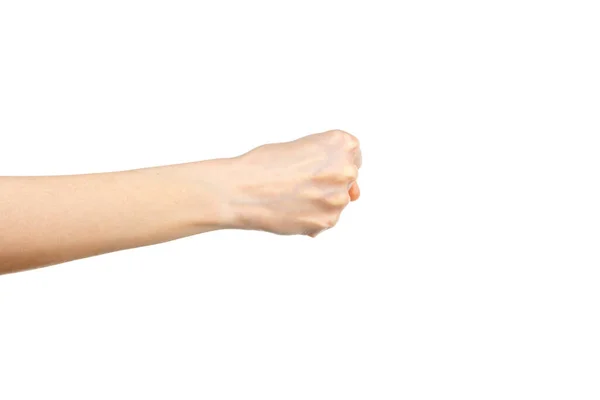 Caucasian Female Clenched Fist White Background Hand Gesture Gesticulation Concept — Stock Photo, Image