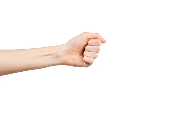 Caucasian Female Clenched Fist White Background Hand Gesture Gesticulation Concept — Stock Photo, Image