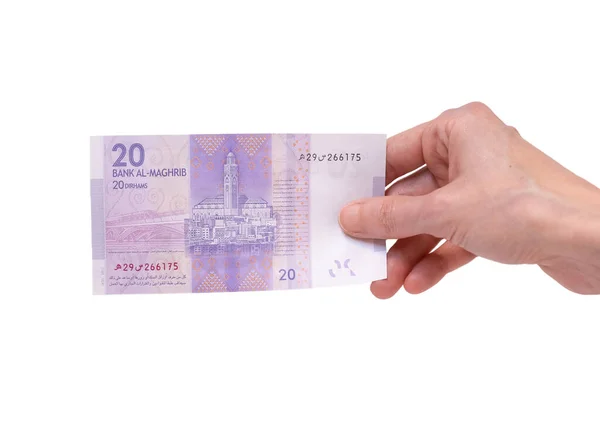 Female Hand Holding Moroccon Dirham Banknote Isolated White Background Denomination — Stock Photo, Image