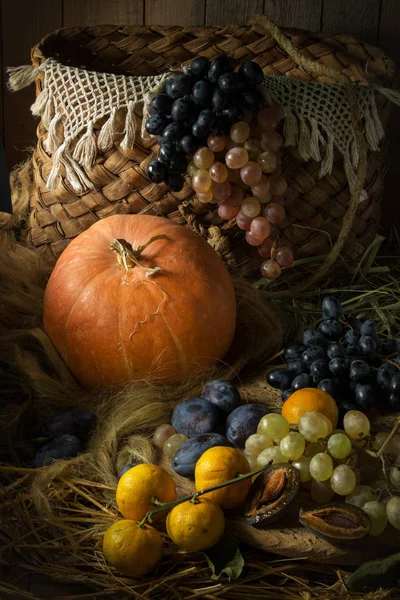 Натюрморт з гарбузом і виноградом — стокове фото