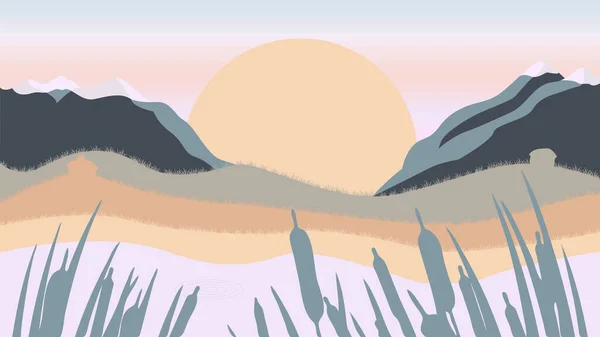 Flache Landschaft aus Berg, See und Wald am Abend in warmem Ton. Vektorillustration — Stockvektor