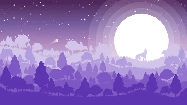 Paysage forestier abstrait avec loup au clair de lune sur la pleine lune en regardant le ciel — Image vectorielle