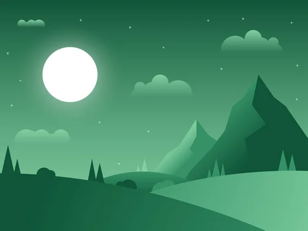 Ночной плоский зеленый градиент пейзажа обои изображения с горами, травой, холмами и луной. Монохромный плоский фон. Иллюстрация природы и путешествия . — стоковый вектор