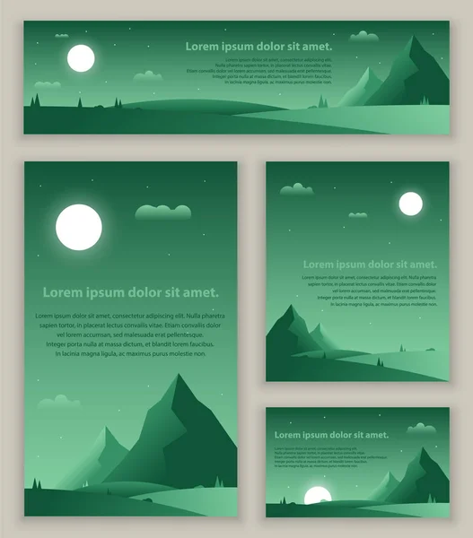 Gece düz yeşil degrade manzaraları kümesi. İş kartları için tebrik, baskı, web tasarım, davetiye ve afiş, tasarım vektör şablonları. Açık tarzda şık kart dizisini.