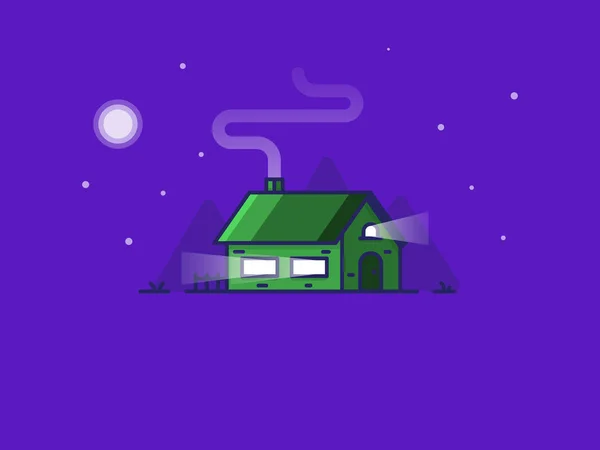Ay, çim, yıldız, gökyüzü arka plan üzerinde özel evi. Sokakta gece. Ülke yaşam. Düz tarzında. İşiniz için vektör izole görüntü.