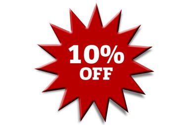 Kırmızı damga yüzde 10 indirim üzerinde beyaz izole yazıt ile