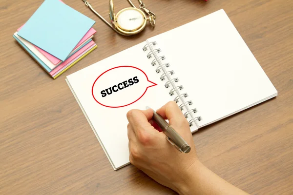 Cropped Shot Man Writing Success Inscription Speech Bubble Notebook — Stock Photo, Image