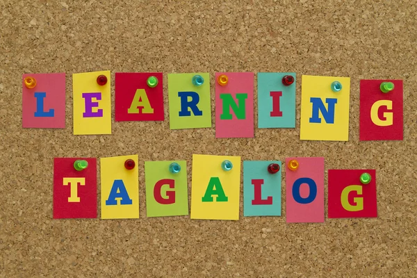 mantar tahtaya sabitlenmiş renkli yapışkan notlar üzerinde Tagalog yazıt öğrenme.