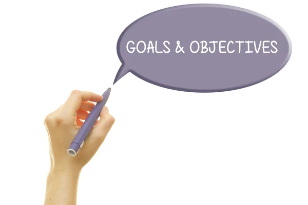 Cropped Shot Person Writing Goals Objectives Speech Bubble Isolated White — Stock Photo, Image