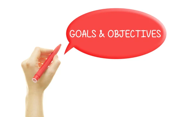 Cropped Shot Person Writing Goals Objectives Speech Bubble Isolated White — Stock Photo, Image