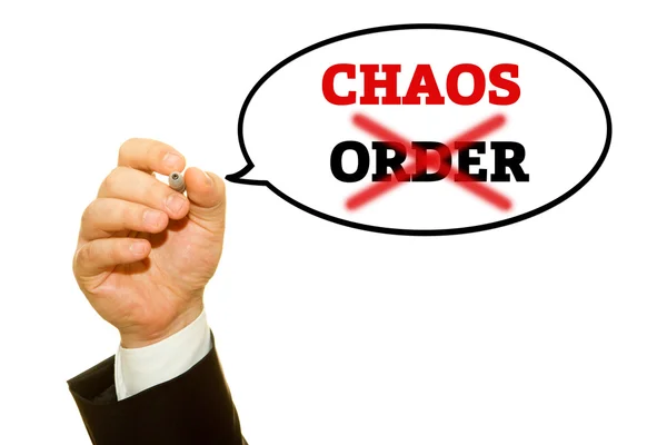 Hand writing ORDER and CHAOS word on a transparent wipe board.