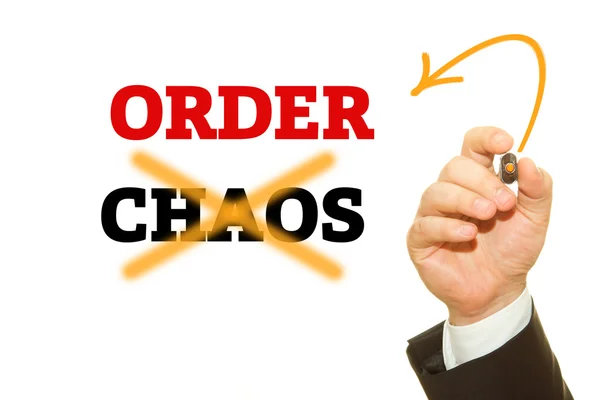 Hand writing ORDER and CHAOS word on a transparent wipe board.